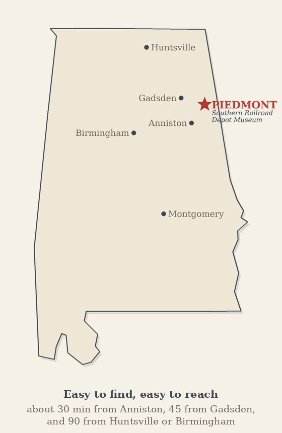 Map of Alabama with a star marking Piedmont in the northeast corner