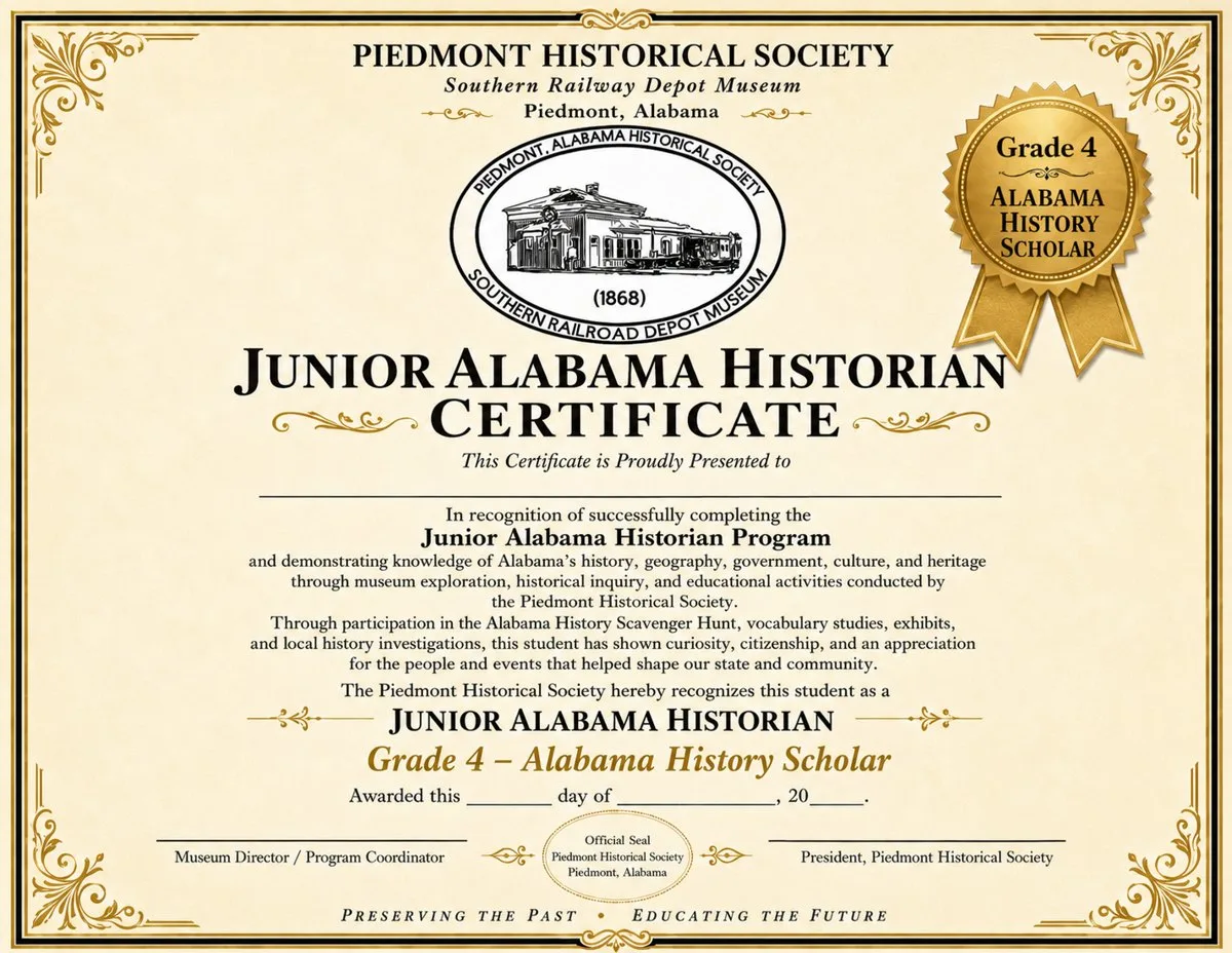 Junior Alabama Historian certificate — Grade 4, Alabama History Scholar