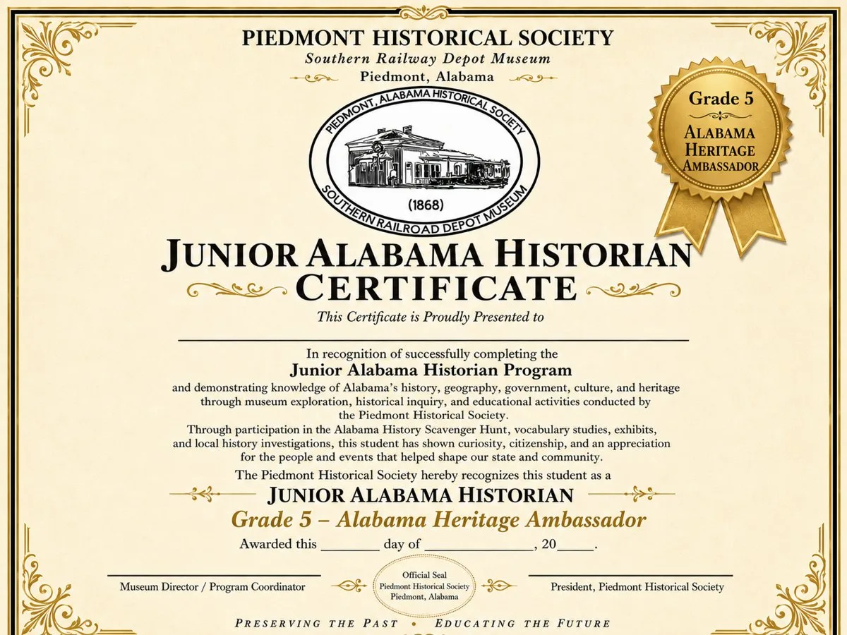 Junior Alabama Historian certificate — Grade 5, Alabama Heritage Ambassador