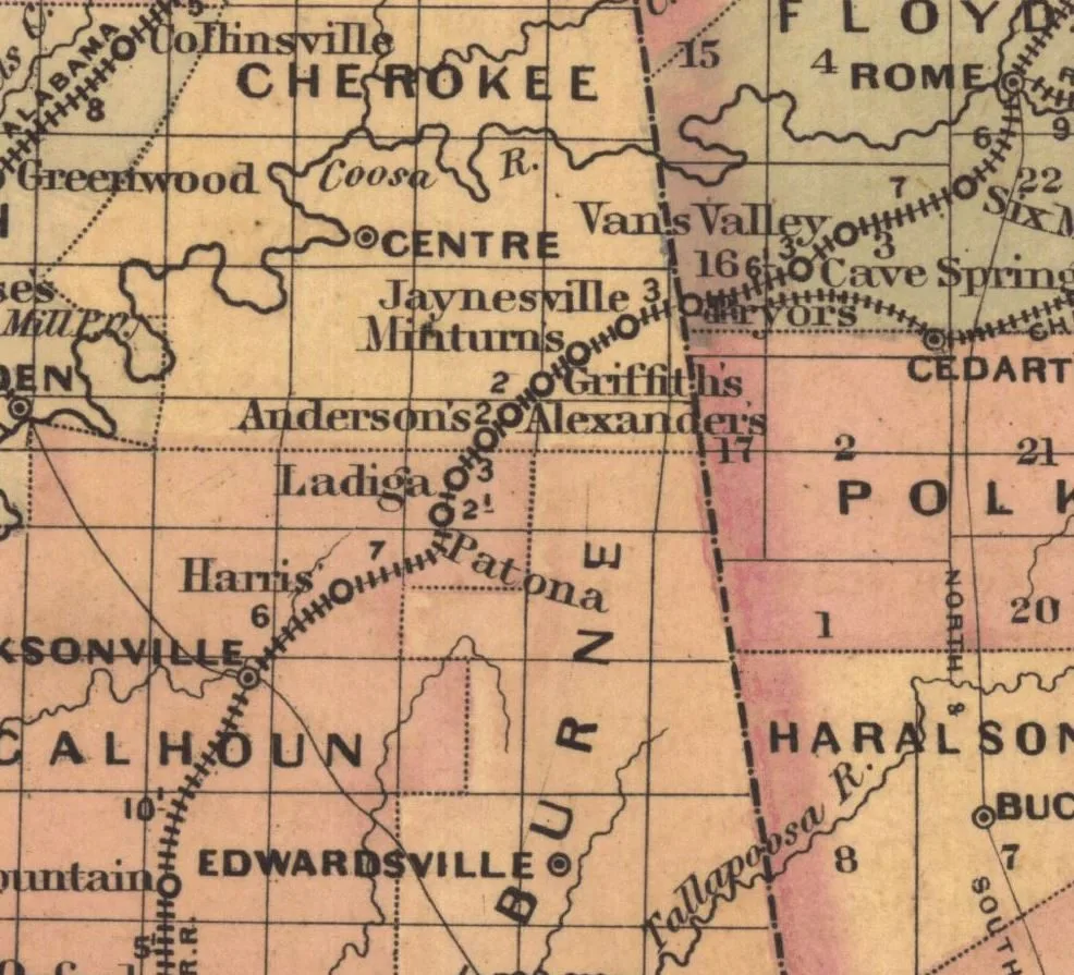A colored 1870s county map showing Patona and Ladiga on the rail line