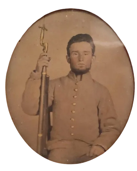 A tinted portrait of John Craig, a young soldier in uniform holding a rifle