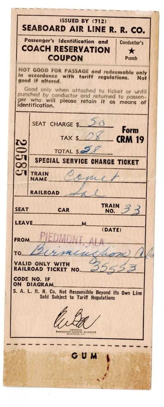 A Seaboard Air Line coach reservation coupon stamped Piedmont, Ala.